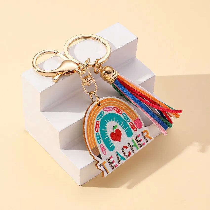 Modern Style Letter Rainbow Tassel Wood Teachers' Day Unisex Keychain