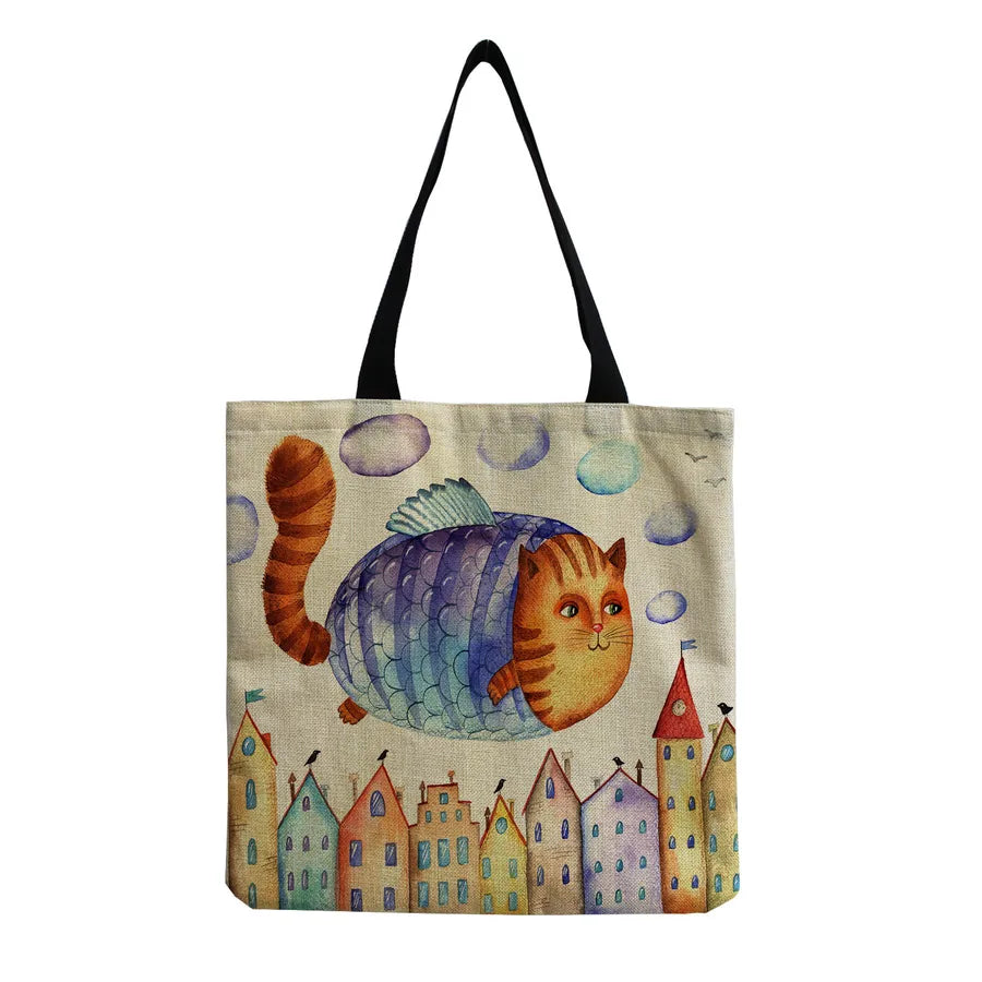 women's all seasons linen cat simple style square open canvas bag
