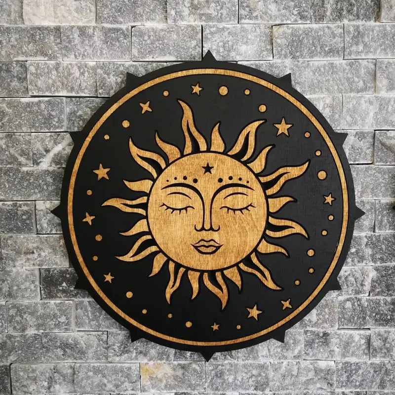 Retro Sun Moon Wood pendant Wall Art