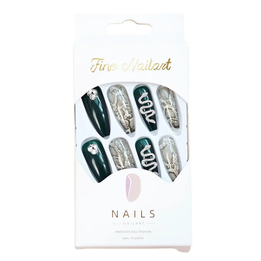 24 pcs/box Wholesale Green Long Silver Snake Rhinestone Press on Nail
