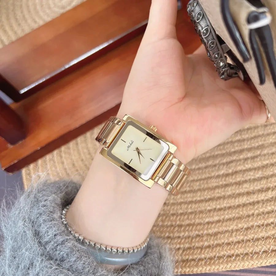 Mishali Large Dial Stainless Steel Strap Women's Watch Fashionable Minimalist Square Face Quartz Movement Butterfly Buckle Clasp