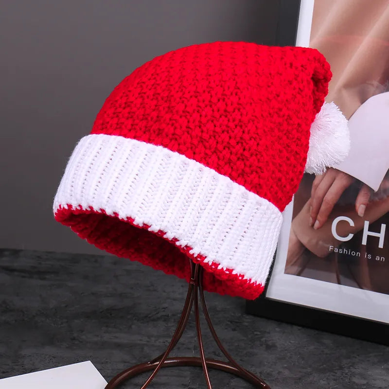 Red Christmas Festival Knitted Wool Hat Autumn and Winter Fur Ball Striped Parent-Child Warm Christmas Gift Knitted Hat