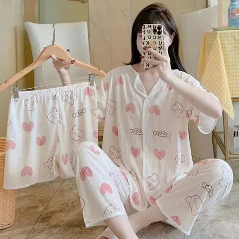 Spring Autumn Women's Sleepwear Short Sleeve Loose Home Clothes Cute Girl's Pajamas Set Casual Breathable Polyester Silk