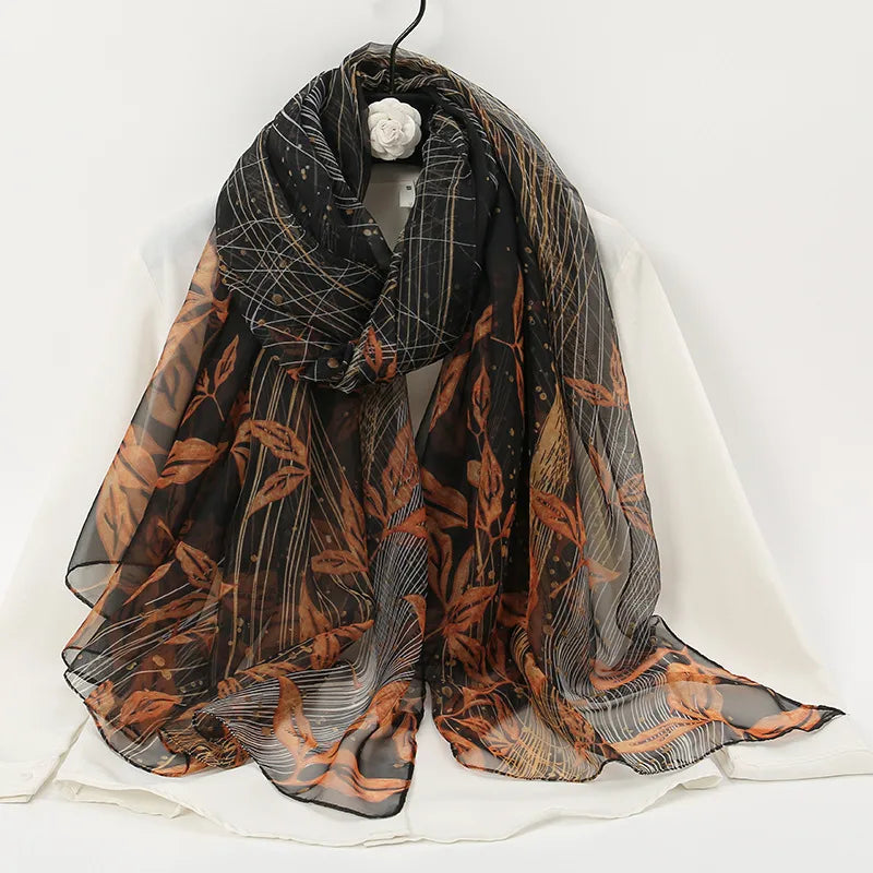 women's elegant lady color block high quality yarn printing silk scarf