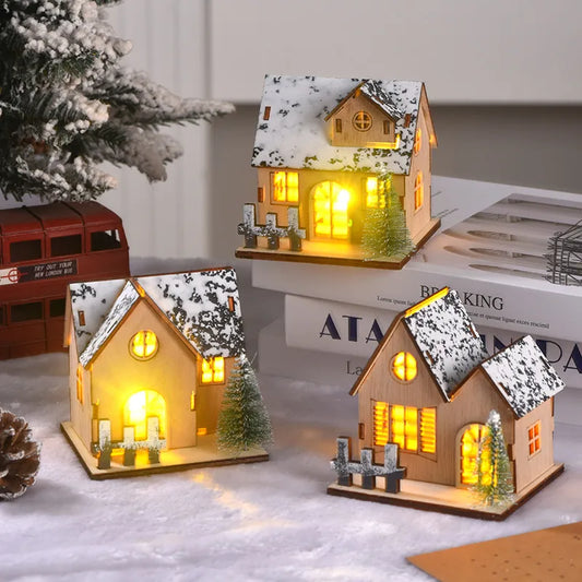 Christmas Decorative LED Lighted Wooden Cabin Tabletop Display Christmas Decoration Wooden Material Illuminated Little House