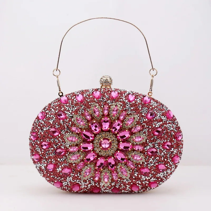 red green blue pu leather polyester flower rhinestone oval evening bags