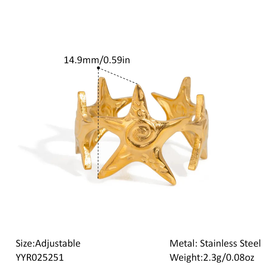Wholesale Jewelry Elegant Hawaiian Beach Starfish Shell 304 Stainless Steel 18K Gold Plated Polishing Plating Open Rings
