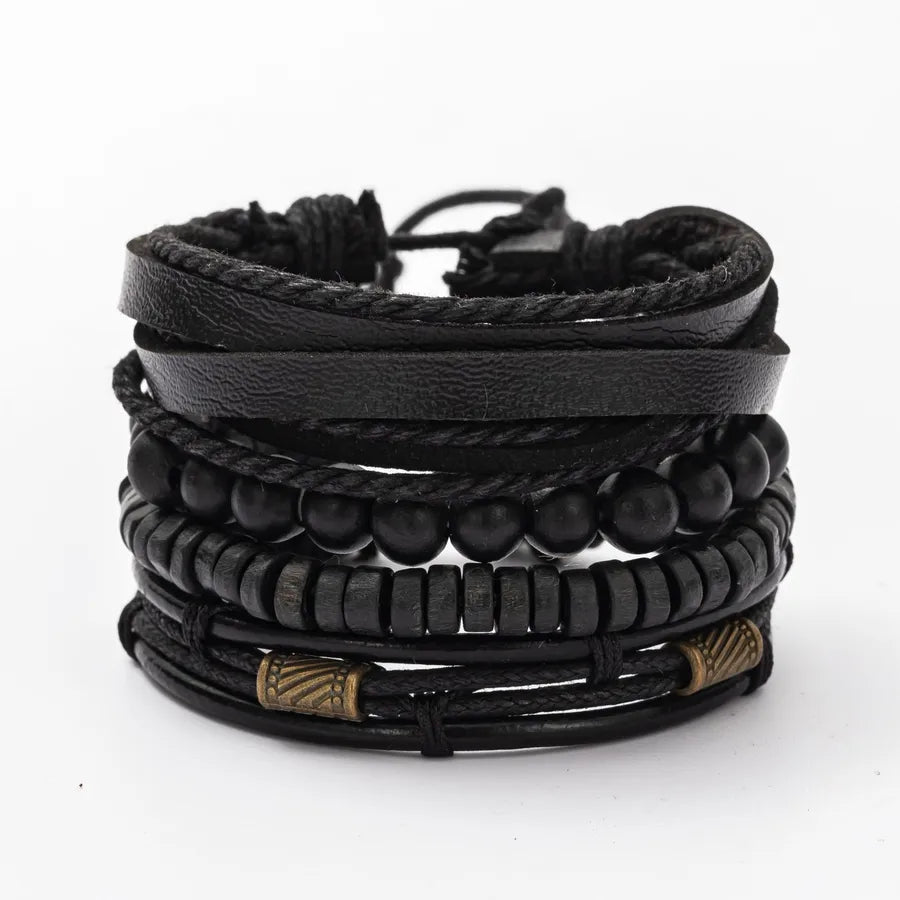 Hip-Hop Retro Geometric Pu Leather Alloy Wooden beads Braid Men's Bracelets