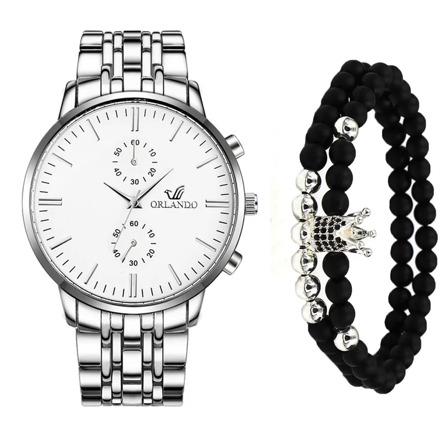 Crown Double Side Snaps Quartz Men's Watches & Bracelet Set