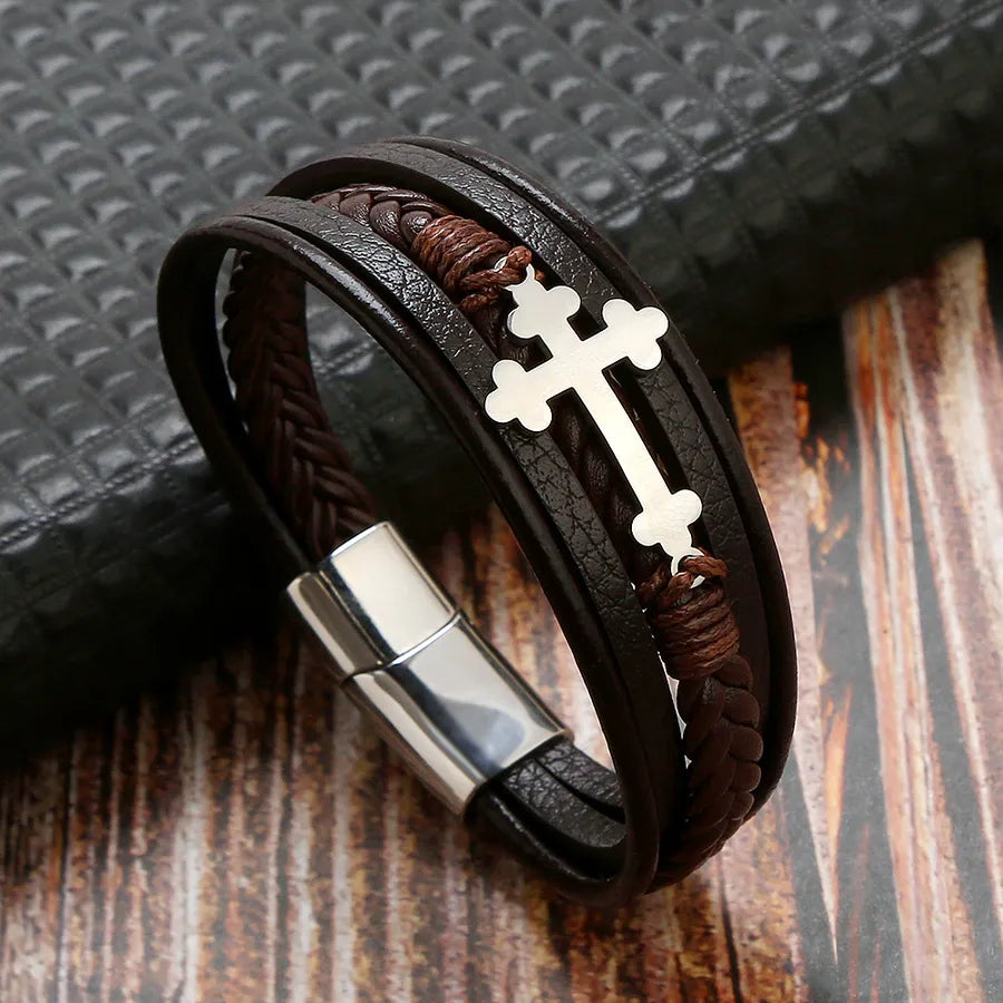 Hip-Hop Cross Stainless Steel Pu Leather Patchwork Men'S Bangle