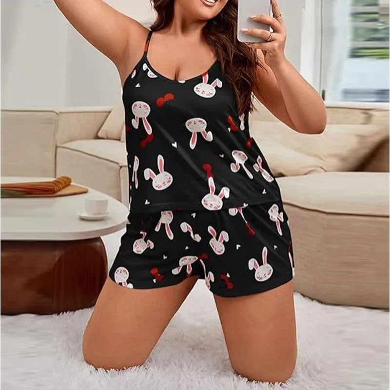 Sexy Plus Size Floral Print Halter Neck Sleepwear Set Women's Large Size Strap Viscose Polyester Blend Comfortable Nightgown