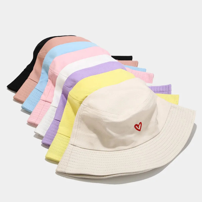 women's casual heart shape embroidery wide eaves bucket hat