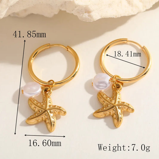 1 Piece Cute Romantic Marine Style Irregular Geometric Starfish Plating Inlay 304 Stainless Steel Imitation Pearl 18K Gold Plated Earrings