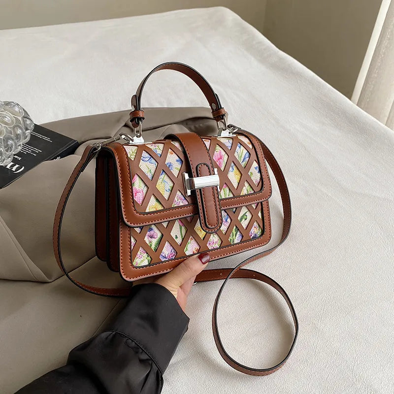 Women's Small Pu Leather Printing Elegant Square Magnetic Buckle Handbag