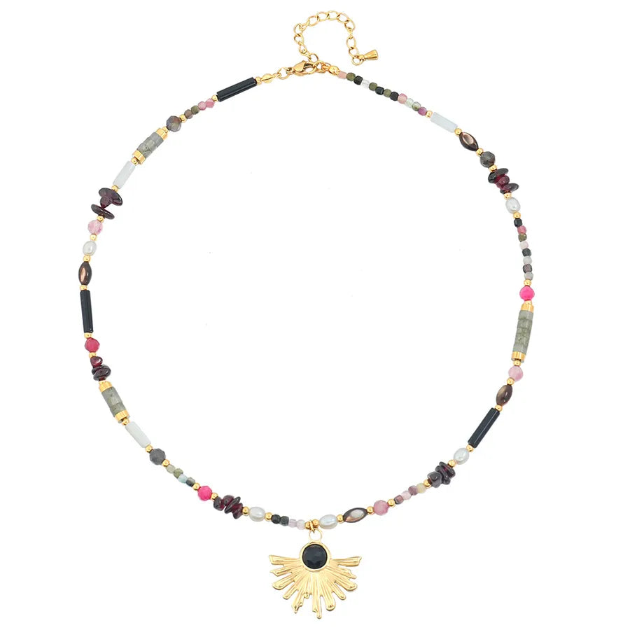 retro ethnic style geometric stainless steel natural stone freshwater pearl beaded handmade inlay artificial gemstones pendant necklace