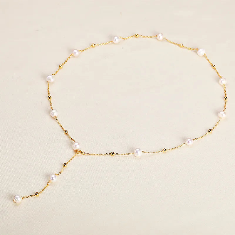 Freshwater Pearl Copper cable chain Geometric Y-Necklace Pendant Necklace