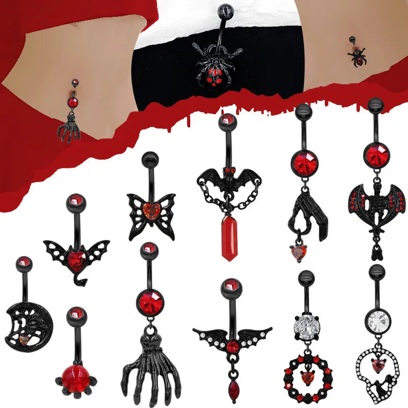 Dark Series Halloween Heart Shaped Zircon Pendant Belly Button Ring Body Piercing Human Form Geometric Pattern Unisex Design