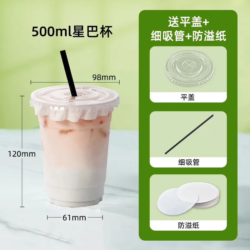 in stock wholesale disposable cup milk tea batch with lid thickened transparent plastic cup stall store packing cup