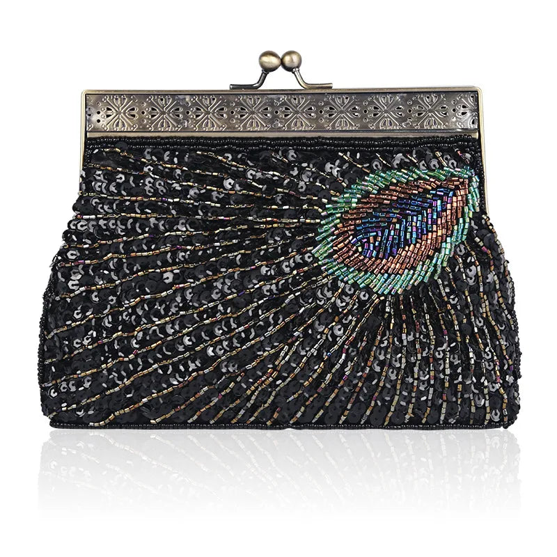 red purple blue polyester peacock feather beading sequins pearl embroidery square evening bags