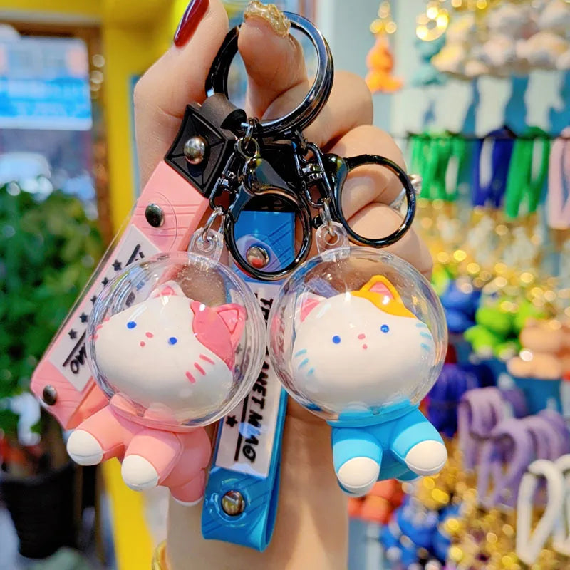 Space Cat Doll Keychain Soft Silicone Astronaut Carabiner Backpack Keychain Cartoon Style Vehicle Keyring Collectible Toy