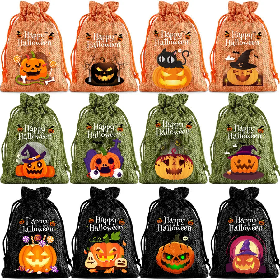 2025 New Halloween Linen Drawstring Gift Bag Pumpkin Shaped Sealed Mouth Bag Cartoon Style Heat Transfer Process Ladies Handbag