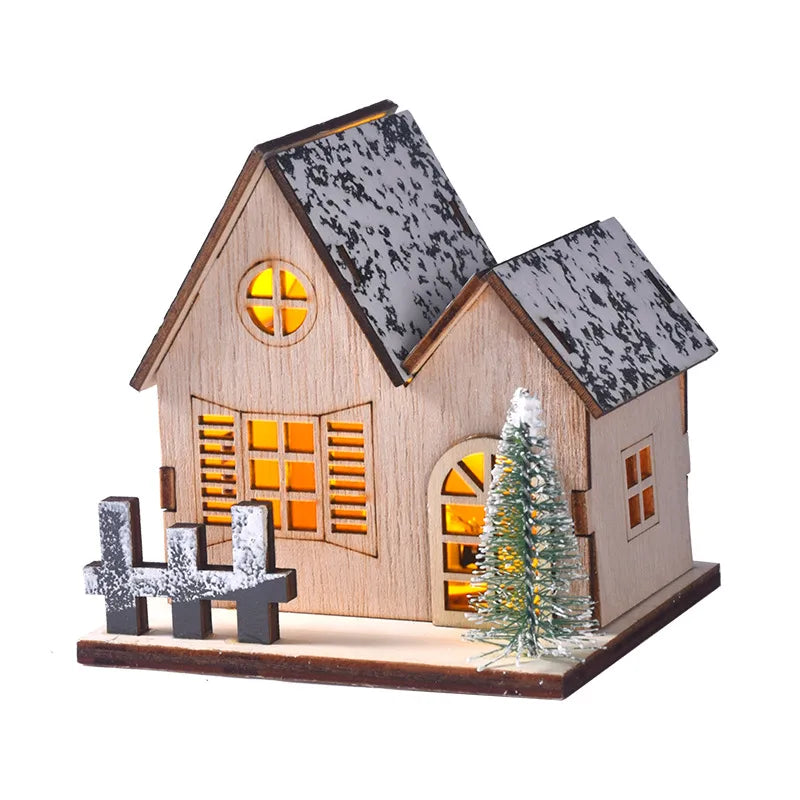 Christmas Decorative LED Lighted Wooden Cabin Tabletop Display Christmas Decoration Wooden Material Illuminated Little House