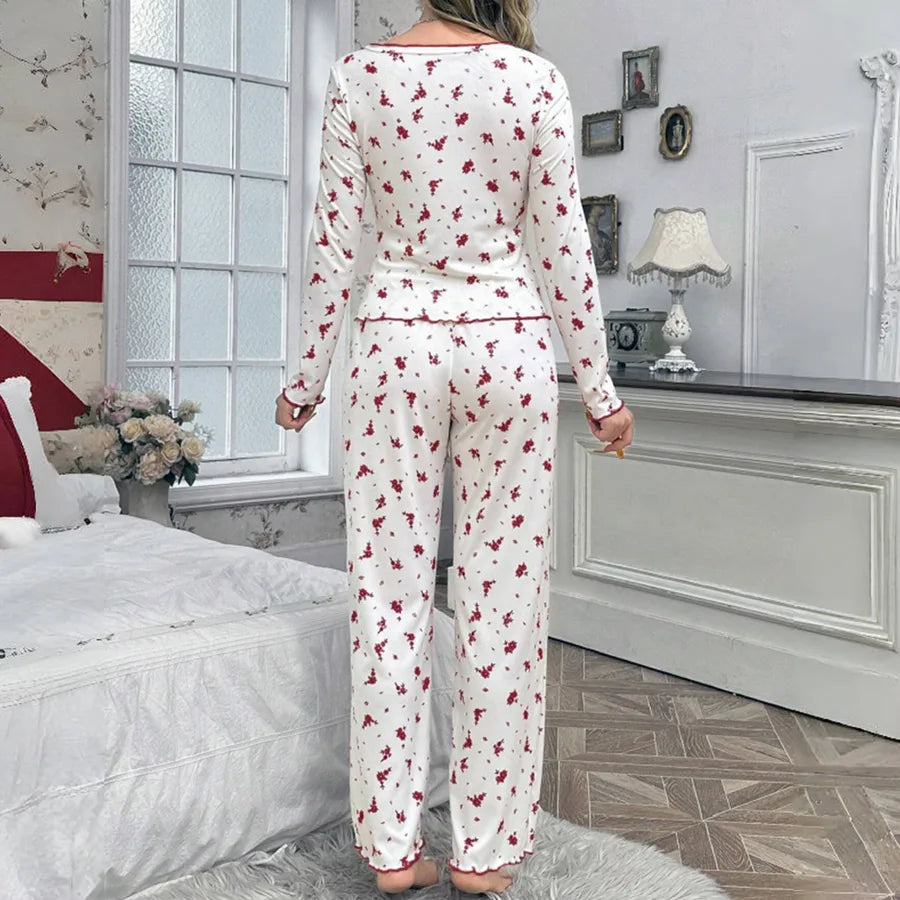 Ladies Fashion Floral Home Clothes Set V-neck Long Sleeve Spring Autumn Polyester Sleepwear Two-piece Polyester Chemise