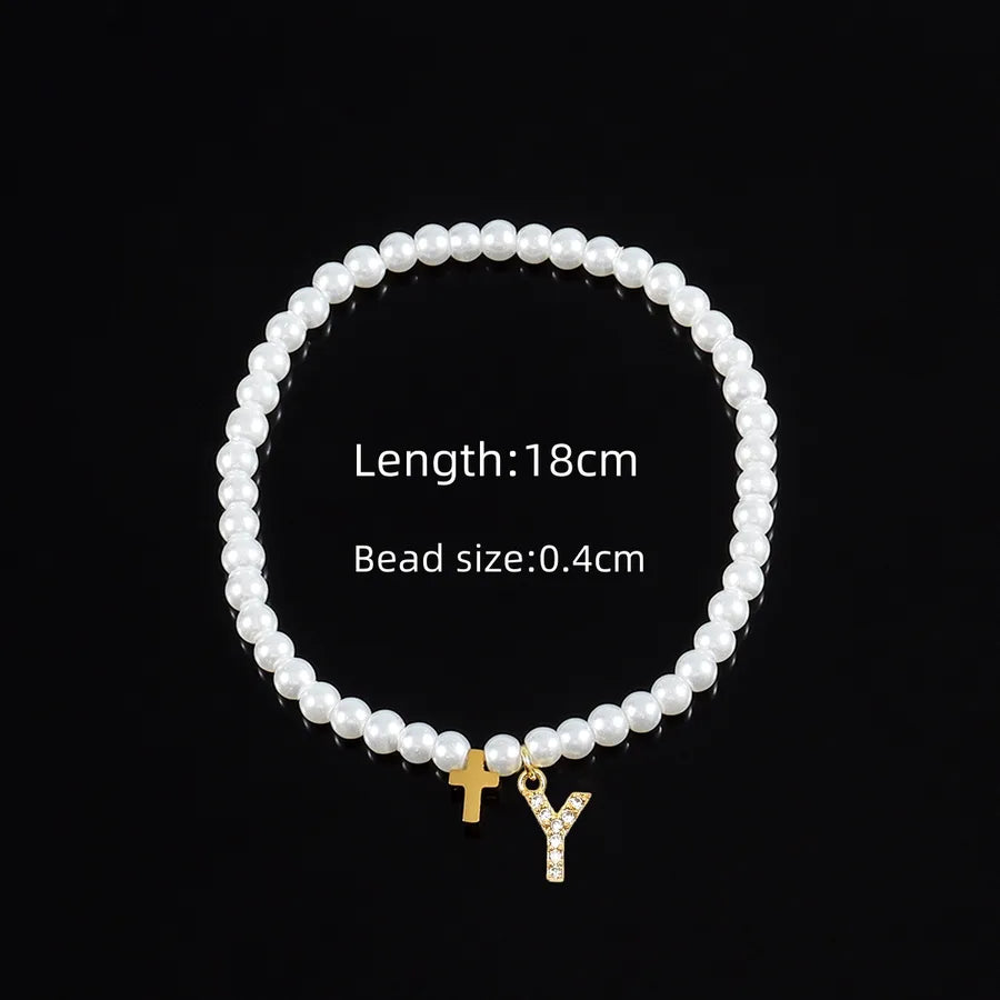 Elegant Vintage Style Classic Style Cross Letter 304 Stainless Steel Artificial Pearl Copper Beaded Chain Beaded Bracelets Wholesale