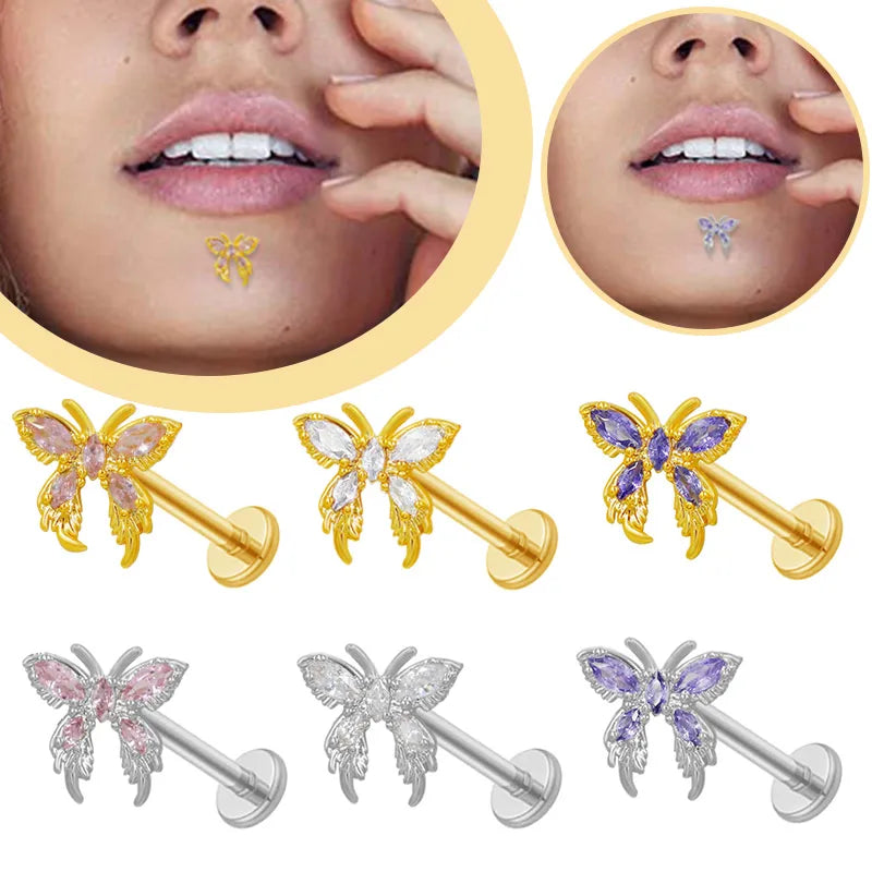 1 Piece Lip Rings Casual Boyfriend Classic Style Butterfly 316 Stainless Steel  Copper Inlay Resin Rhinestones Glass White Gold Plated Gold Plated Lip Rings