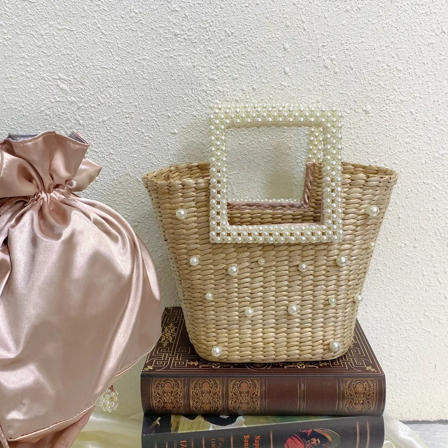 Women's Straw Flower Vacation Beading Pearls Weave Bucket String Handbag