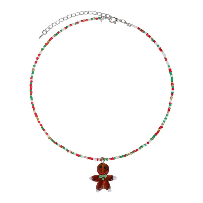 Sweet Christmas Atmosphere Necklace Cute Cartoon Colorful Beads Christmas Tree Gingerbread Man Beads Clavicle Chain Resin Material