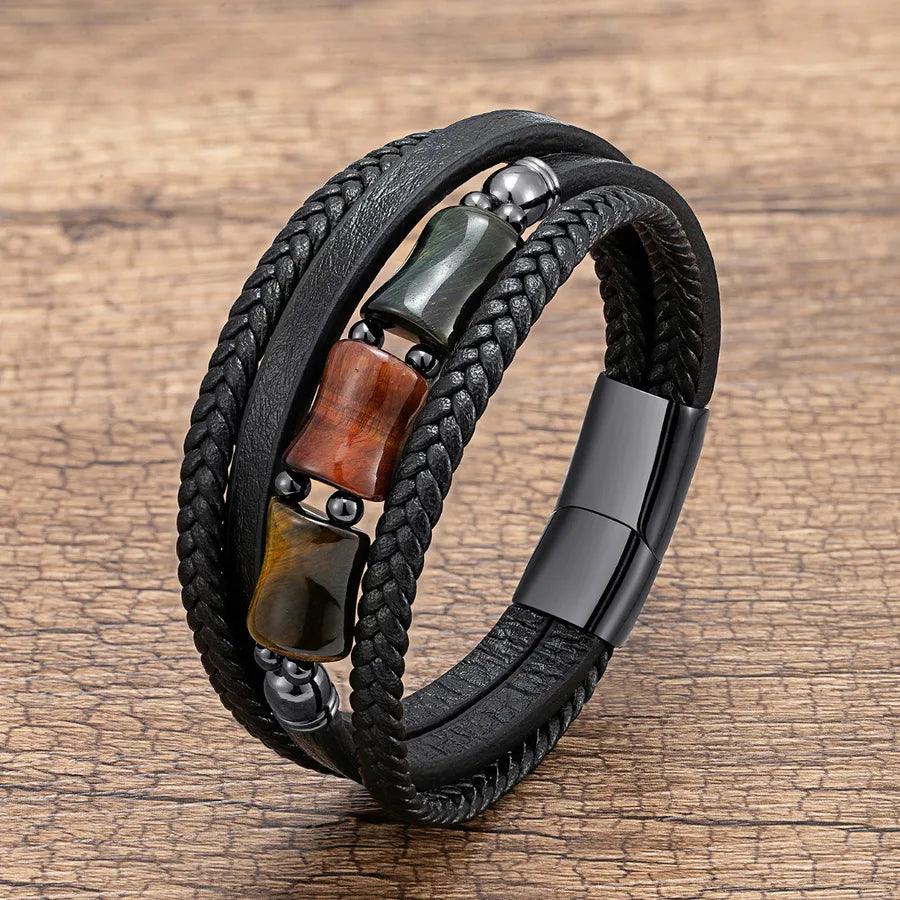 vintage style punk geometric leather rope stone metal layered handmade men's bracelets