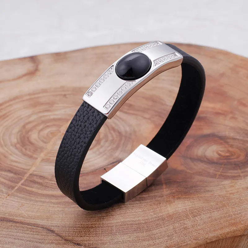 hip-hop retro color block pu leather titanium steel men's bangle