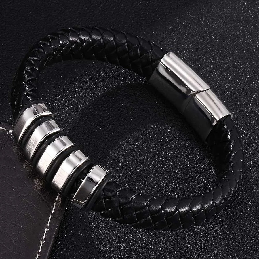 Leather rope bracelet men's stainless steel leather woven bracelet handmade metal leather bracelet jewelry
