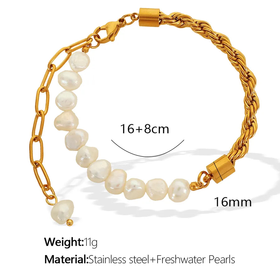 304 Stainless Steel Freshwater Pearl 18K Gold Plated Polishing Plating Round Bracelets