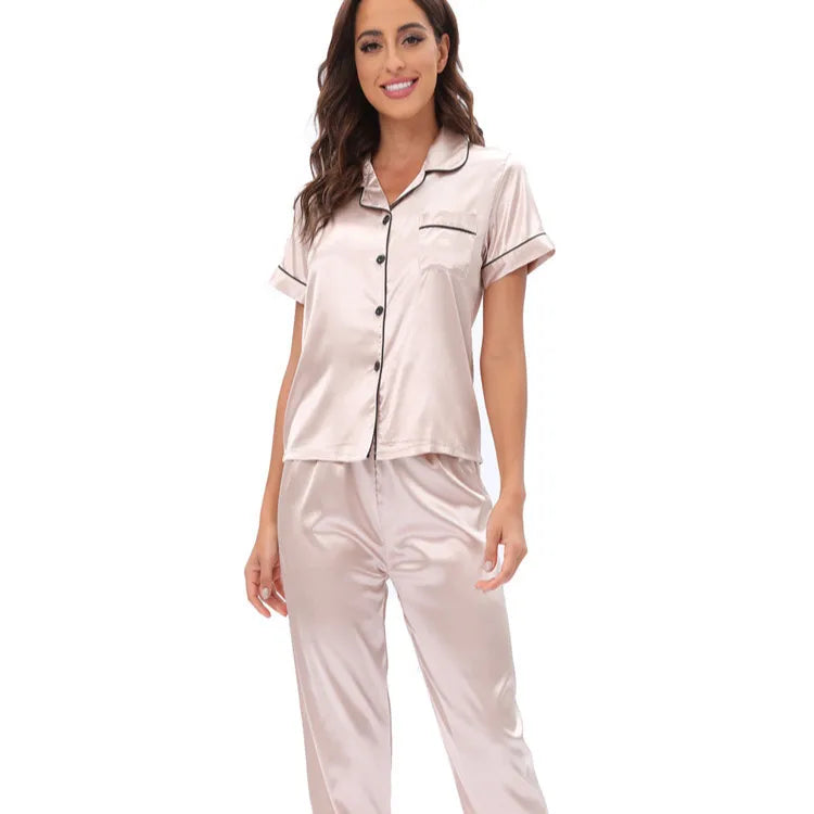 Middle East Europe Women's Home Clothes Two-Piece Set Color Silk Set Sleepwear Casual Luxury Summer Polyester Fabric