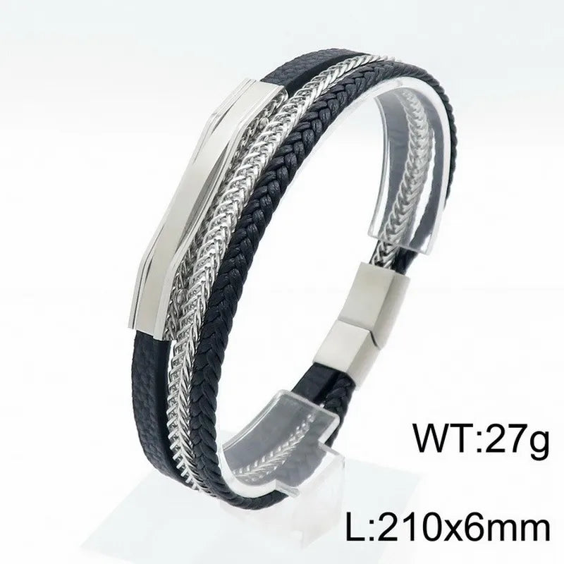 Simple Style Commute Color Block Pu Leather Titanium Steel Patchwork Plating 18K Gold Plated Men's Bracelets