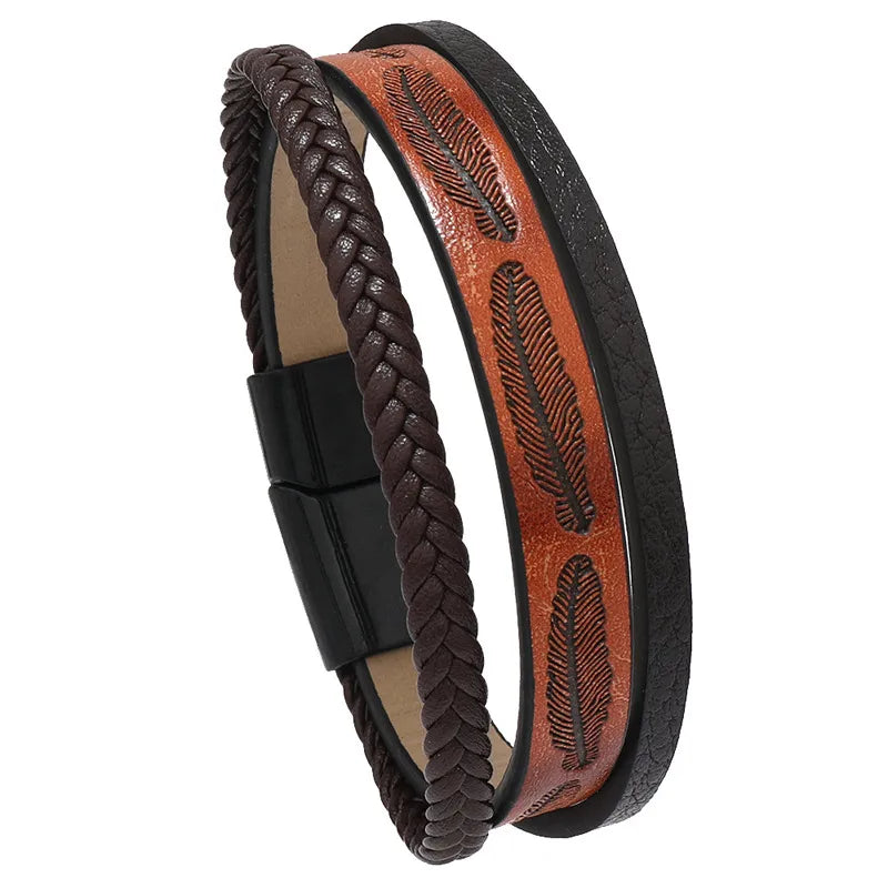 Retro Punk Solid Color Pu Leather Handmade Men's wristband Men Cord & Leather Bracelets