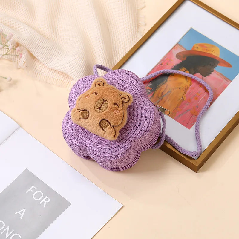 Summer Woven Bag  New Children's Cute Capibala Seaside Vacation Straw Woven Bag Crossbody Coin Purse