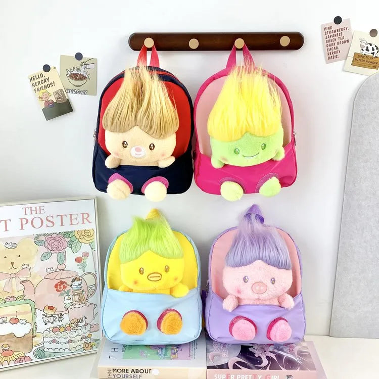 Kid'S Nylon Cartoon Color Block Cute Square Zipper Functional Backpack