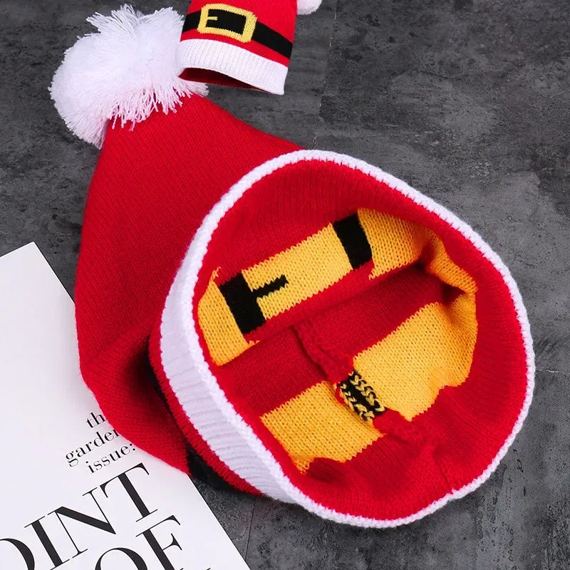 Red Christmas Festival Knitted Wool Hat Autumn and Winter Fur Ball Striped Parent-Child Warm Christmas Gift Knitted Hat