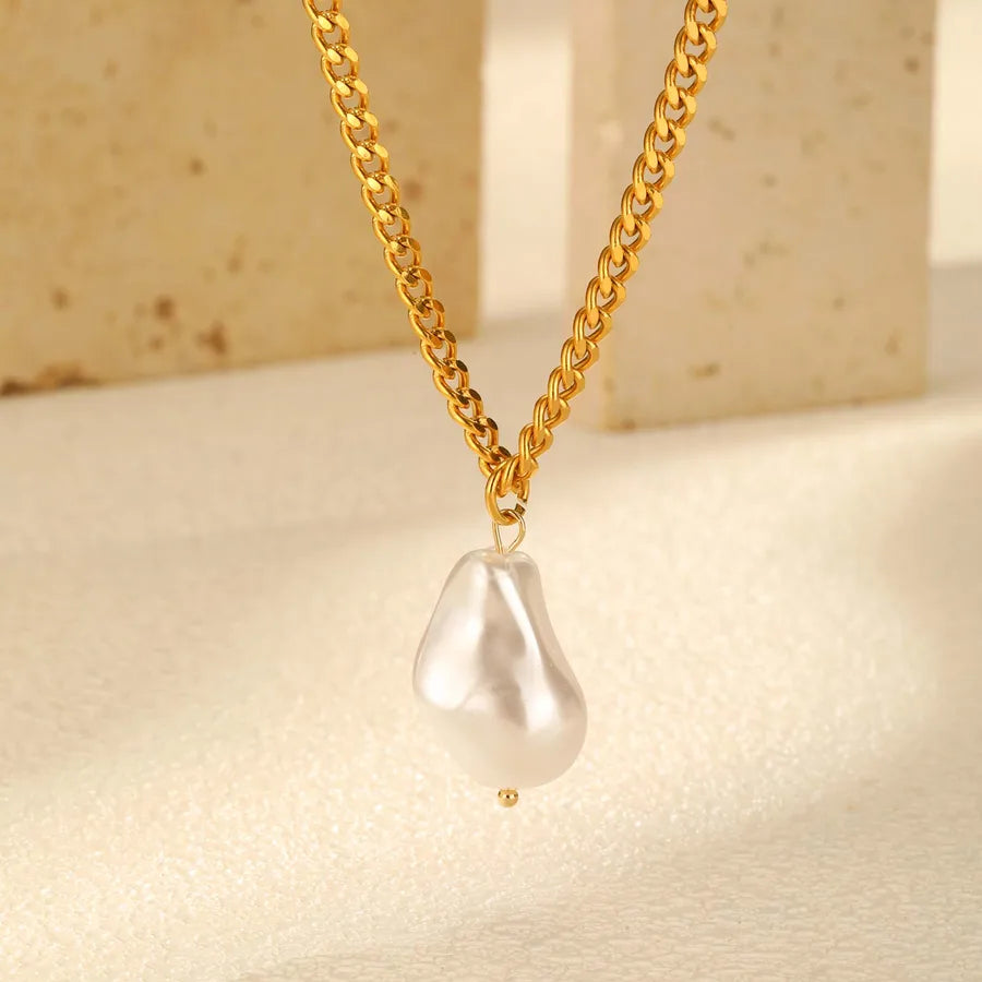 Wholesale Jewelry Casual Vintage Style Baroque Style Geometric 201 Stainless Steel Artificial Pearl 18K Gold Plated Cuban Link Chain Curb Chain Pendant Necklace