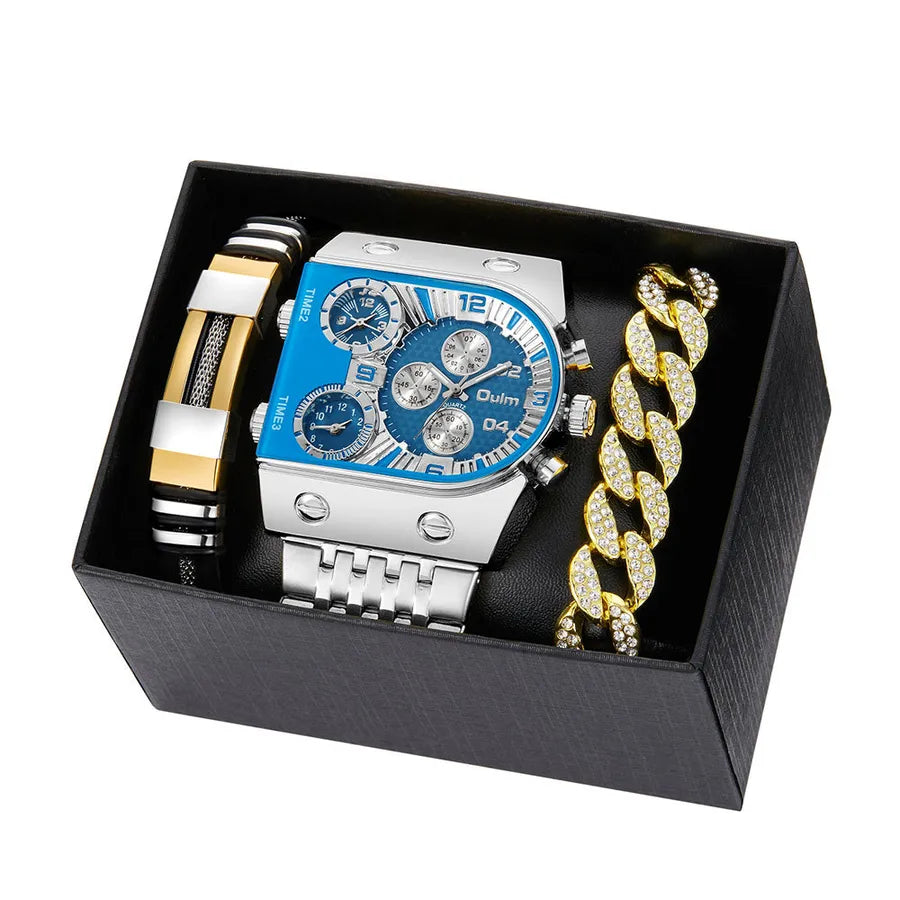 Business Color Block Folding Buckle Quartz Men's Watches Gift Set