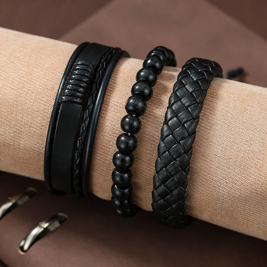 3 piece set casual solid color beaded pu leather men's bracelets