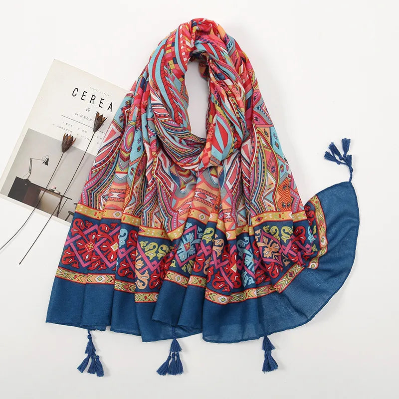 women's retro color block polyester printing scarf