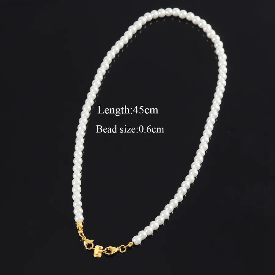 304 Stainless Steel Artificial Pearl Beaded Chain Letter Pendant Necklace