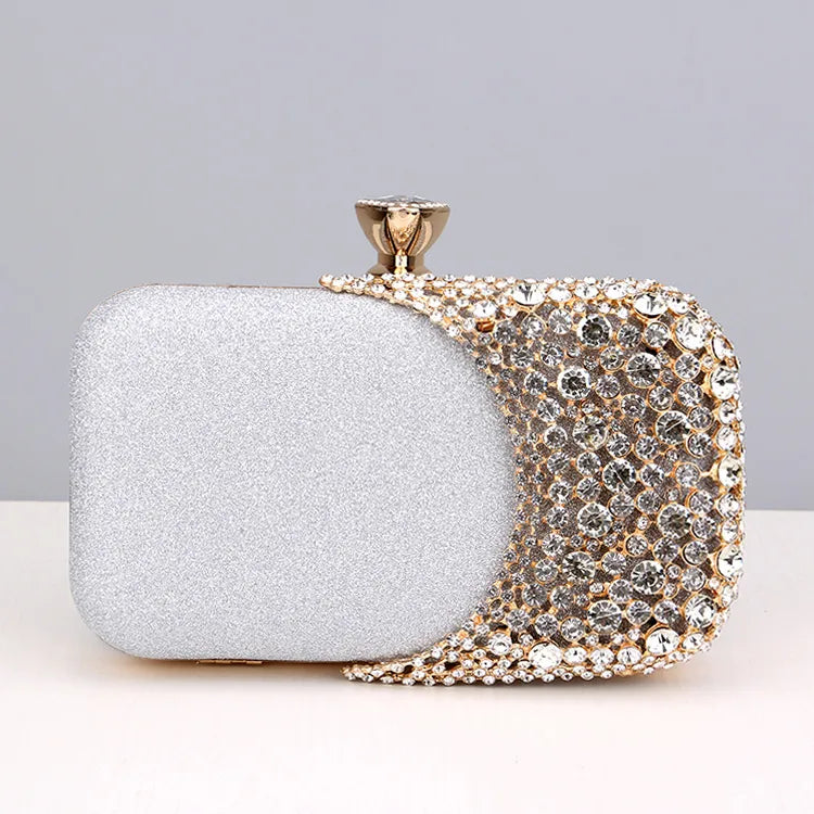 black gold silver pu leather color block rhinestone square evening bags