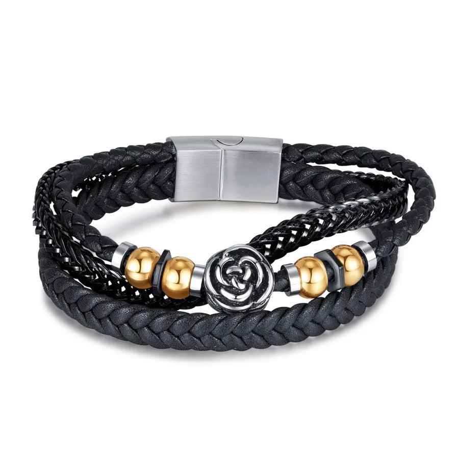 Retro Color Block 304 Stainless Steel Pu Leather Handmade Men's Bangle