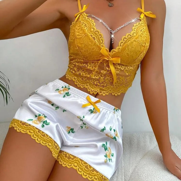 Sexy Lace Trim Sleepwear Set  Style Home Clothes Attractiveness Innerwear Bra Shorts For Women