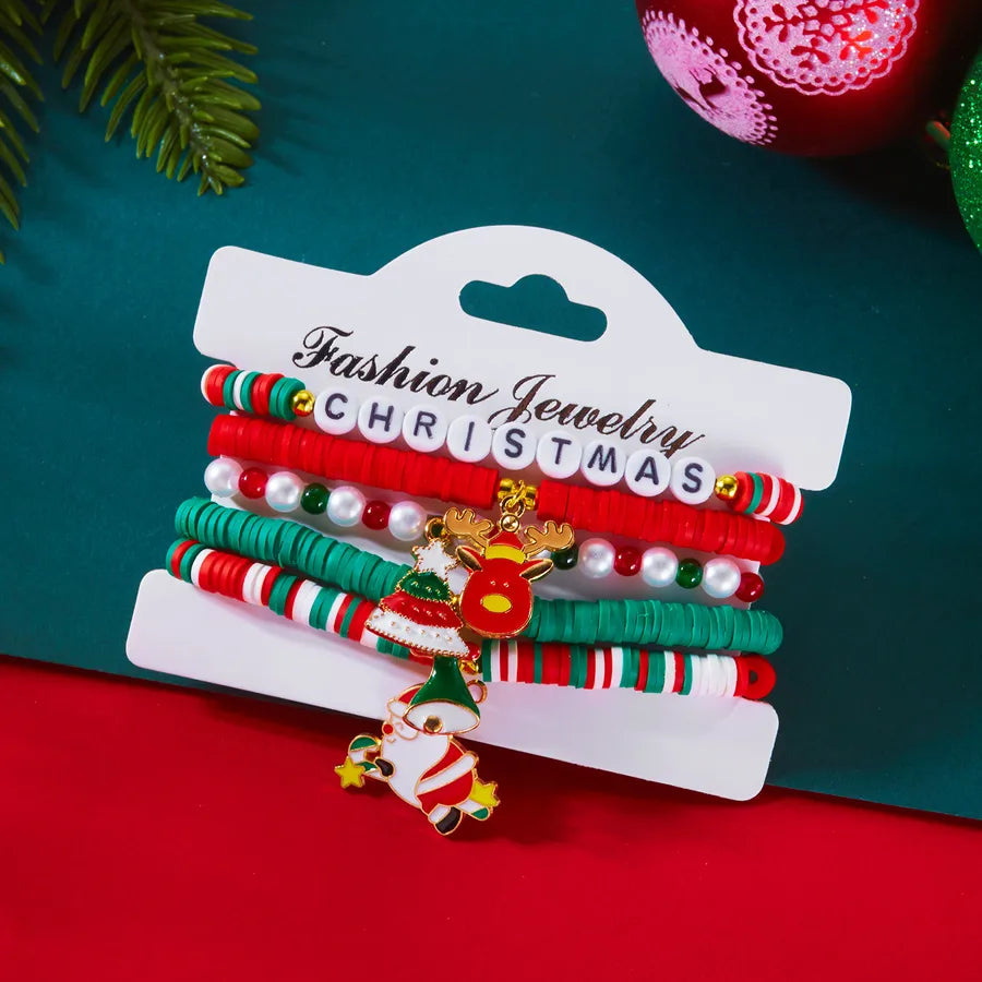 Christmas Themed Bracelet Set Snowflake Santa Pendant Elastic Rope Chain Adjustable Clasp Soft Ceramics Alloy Festive Jewelry